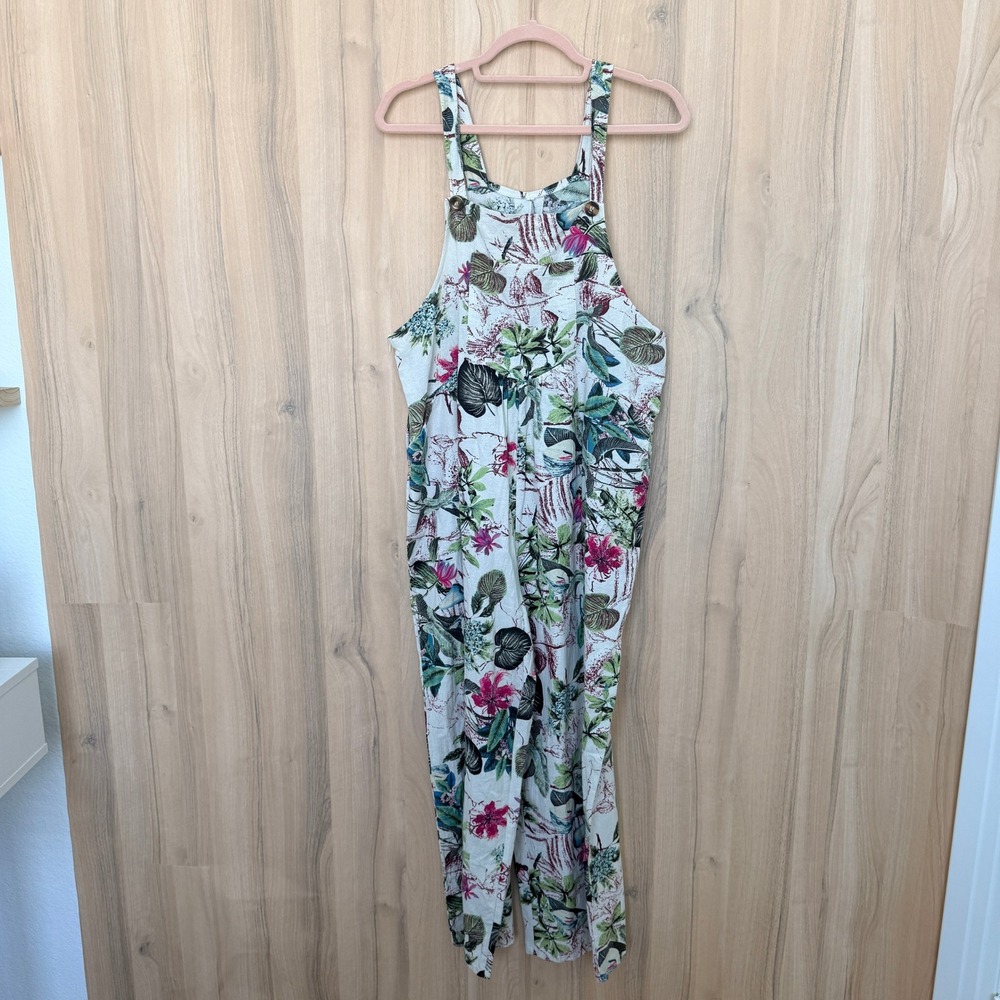 Printed Floral Halter Jumpsuit - White with Green & Pink